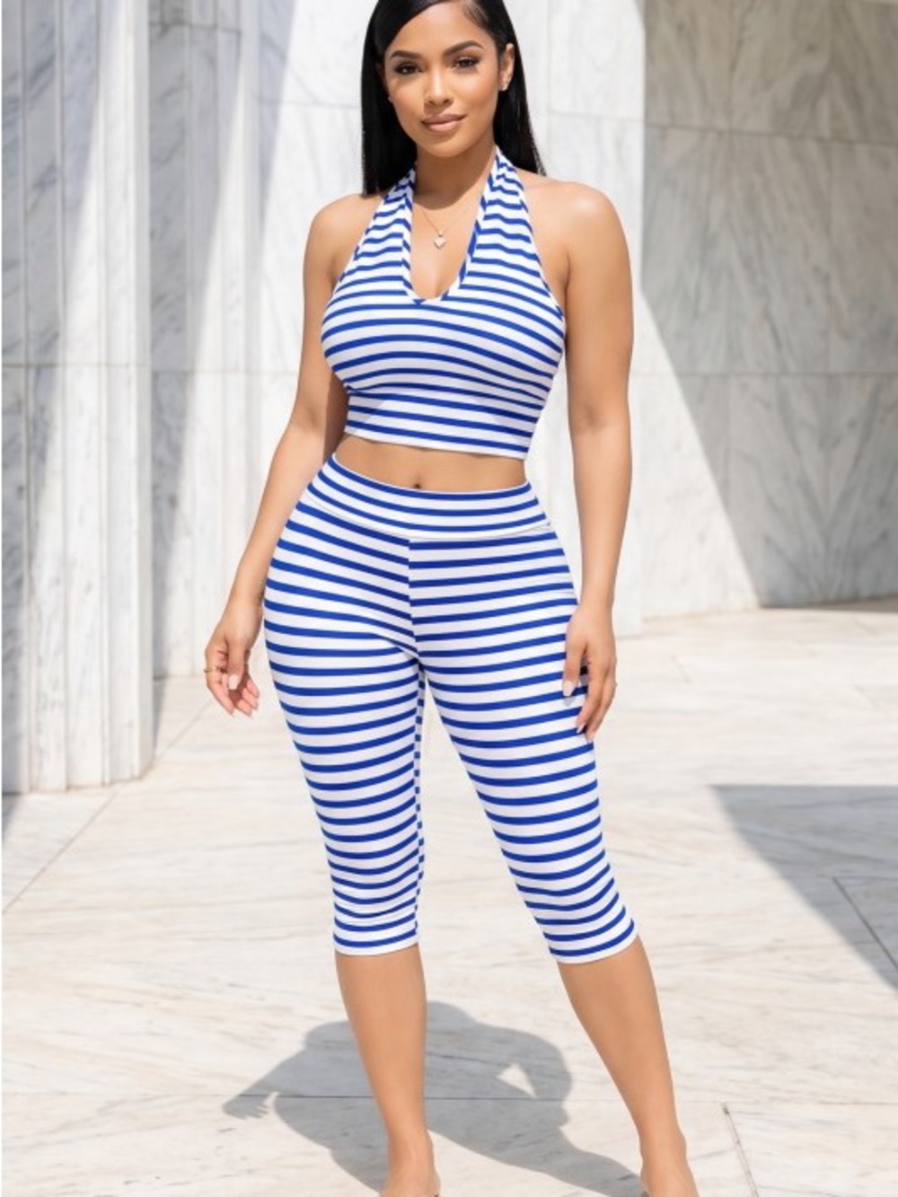 Striped Blue & White Halter Crop Top and Capri Set ST-80910-7CLRS4